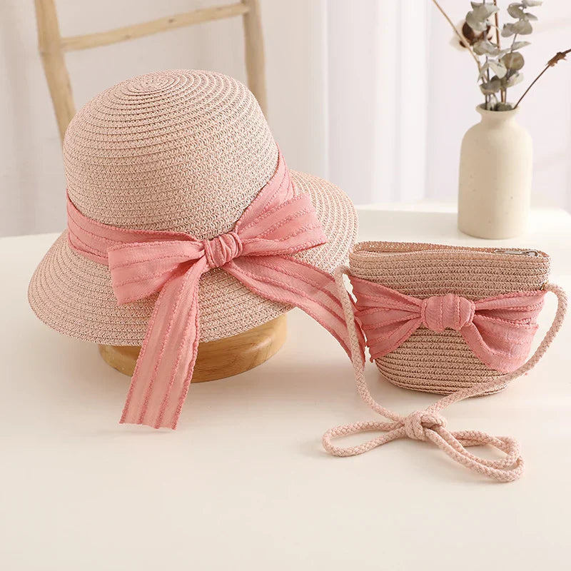 Kids Girls Straw Hat Handbag Set Wide Brim Lace Bow Sun Protection Cap Summer Beach Bucket Cap Portable Handbag панама Gorras