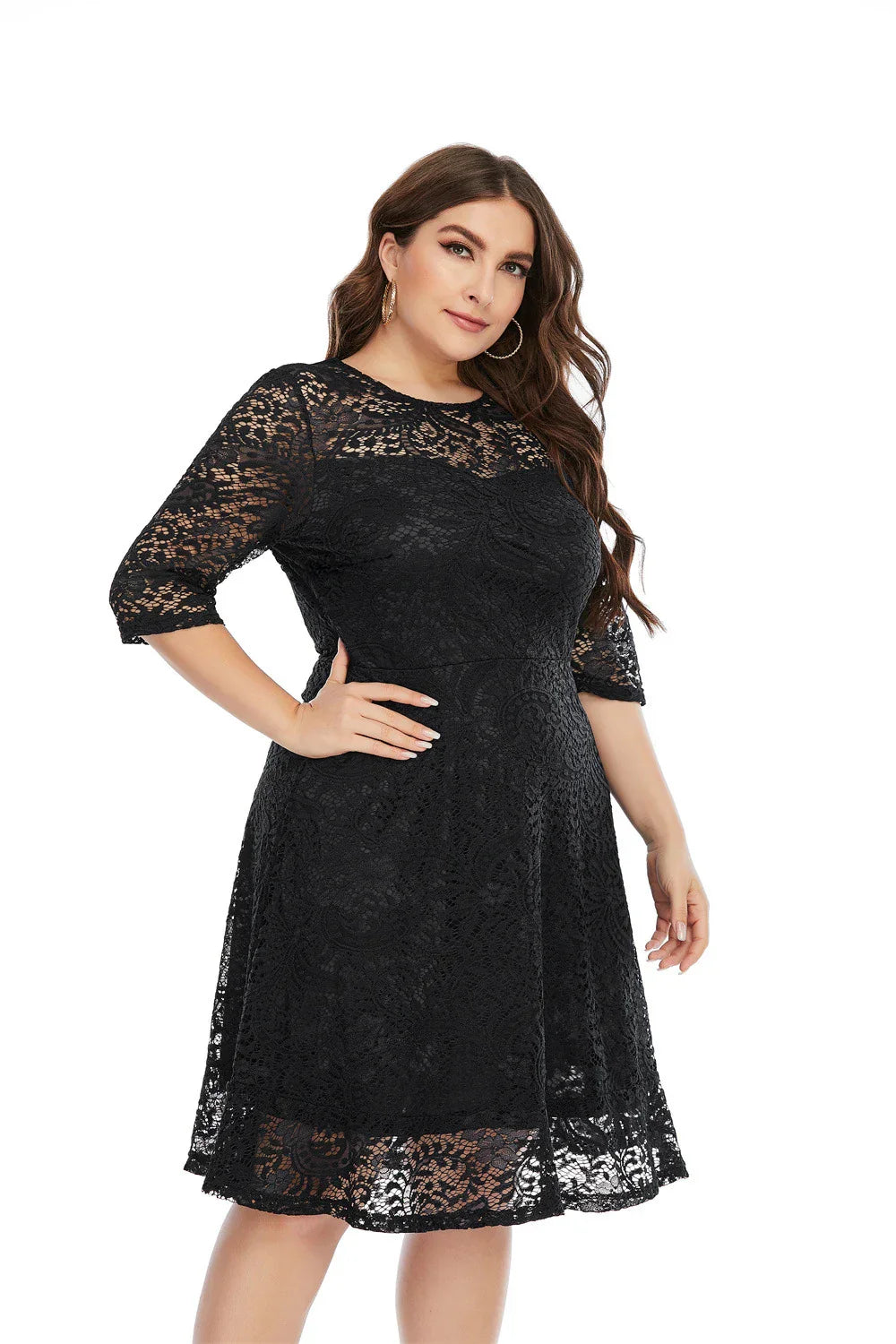 Plus Size Contrast Lace Semi Sheer 3/4 Sleeve