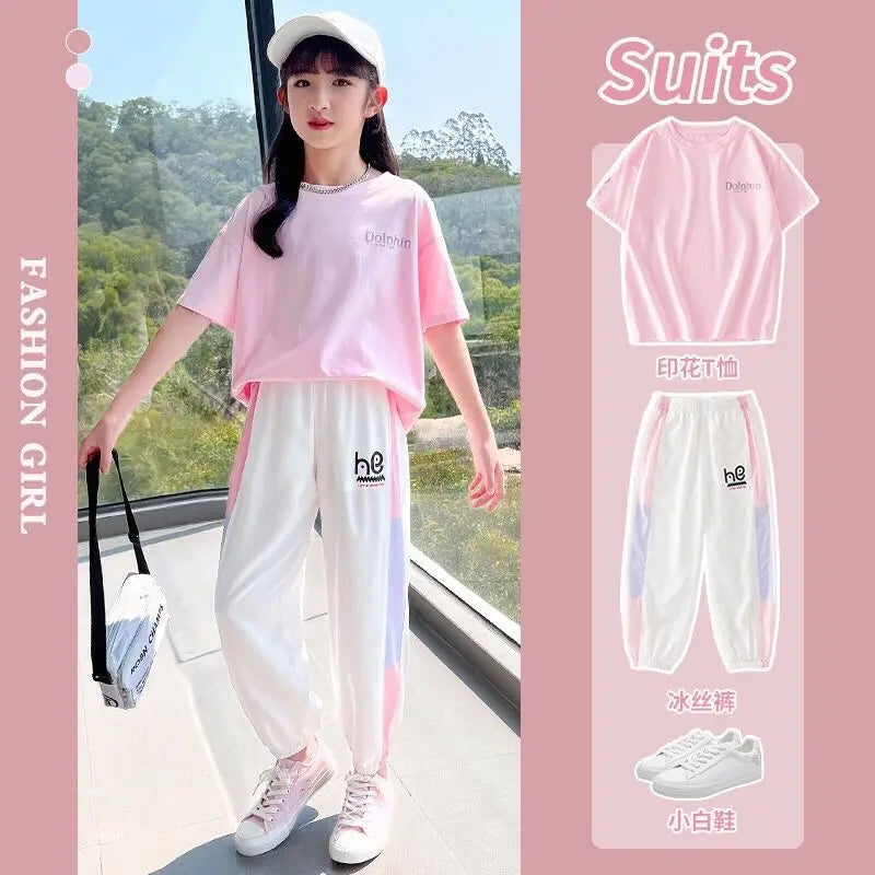 Girls Summer Trend Sports 2pcs Ice Silk T-shirts+Ninth