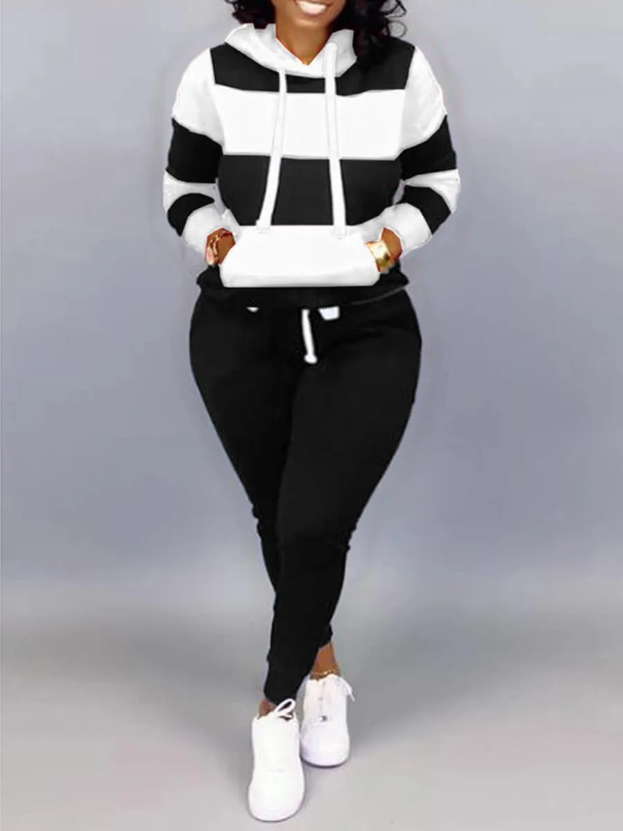 LW Plus Size Striped Drawstring Tracksuit Set Autumn