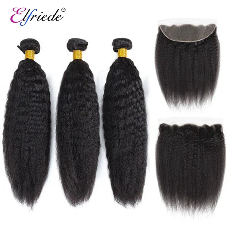 Elfriede Natural Black Kinky Straight Bundles with Frontal