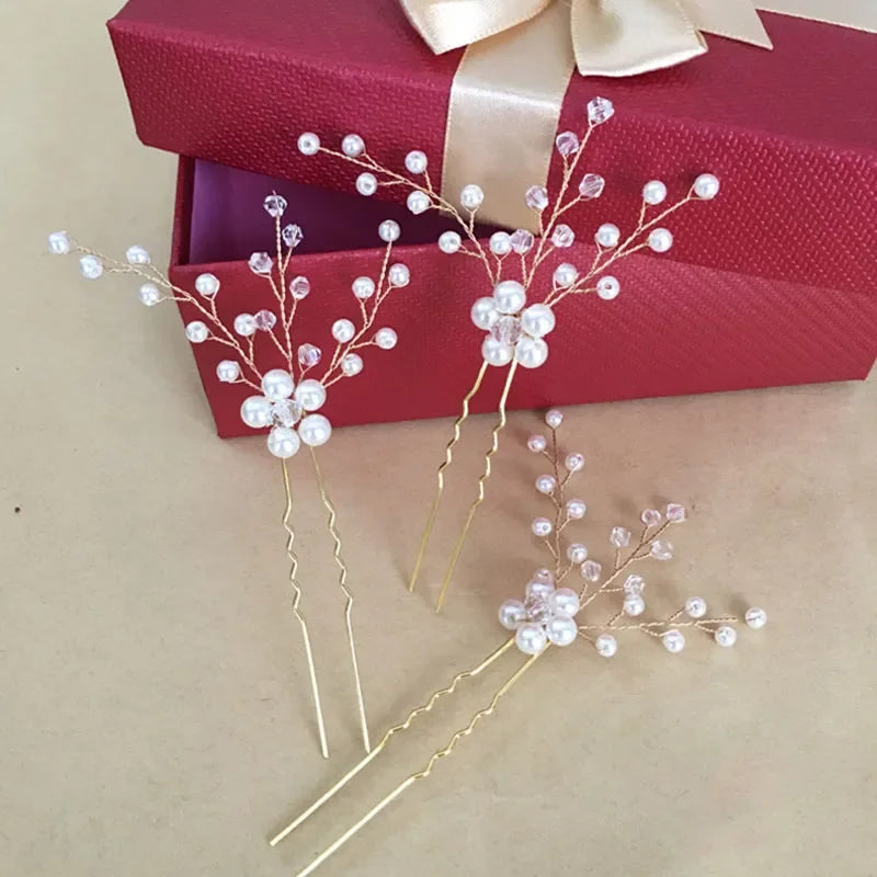 SLBRIDAL Handmade Rhinestones Crystal Pearls Bridal Hair Pin