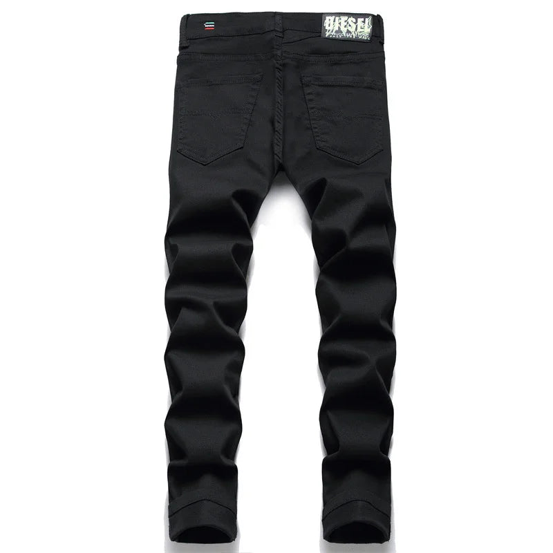 Hot Men's Black jeans Simple Trend Stretch Slim Pencil Pants High Quality Solid Color Mid-Waist Embroidered Brand Trousers