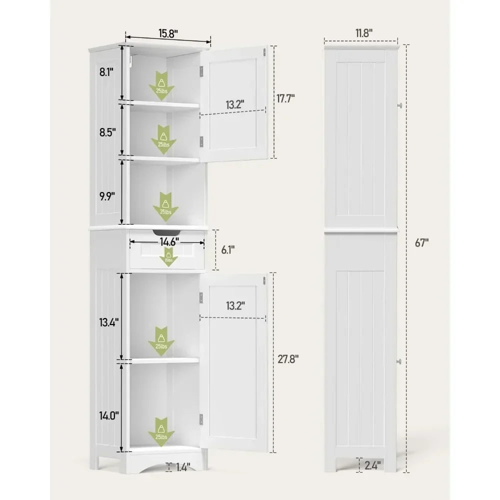 Tall Bathroom Storage Cabinet W/ 2 Doors &