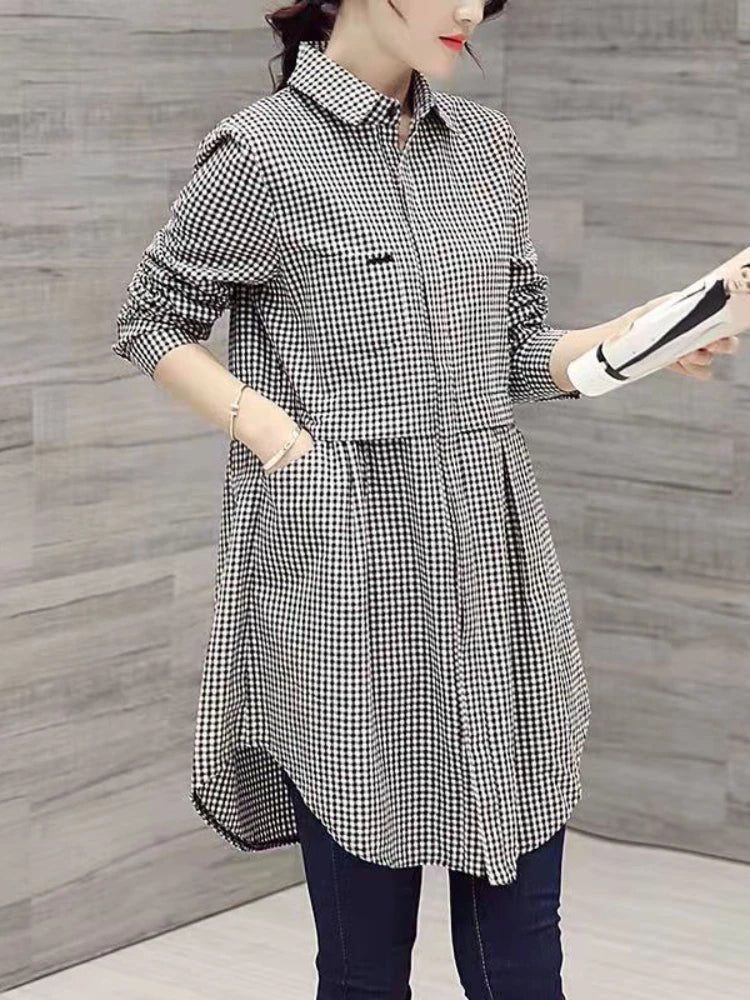 Plus Size New Korean Fashion Blouses Plaid Button