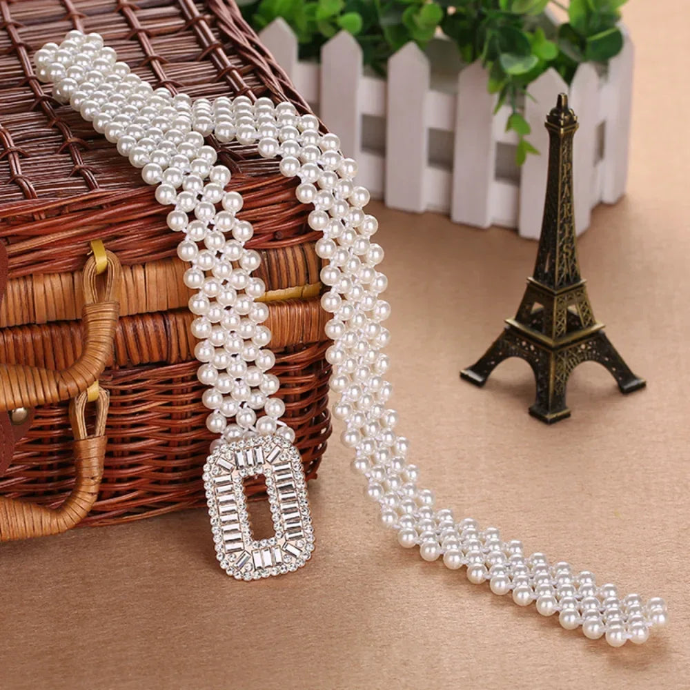 Elegant Women Pearl Waist Belt Elastic Buckle Pearl