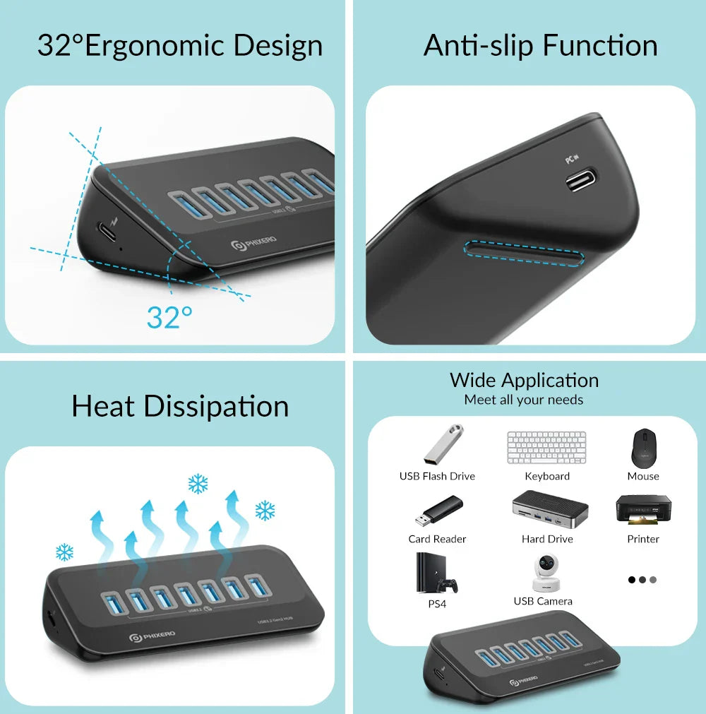 PHIXERO USB 3.2 Docking Station Hub 10Gbps Splitter