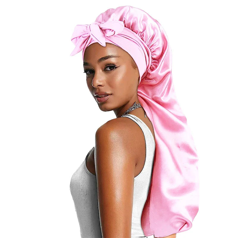 Women Satin Bonnets Adjustable Long Barrel Nightcap Solid