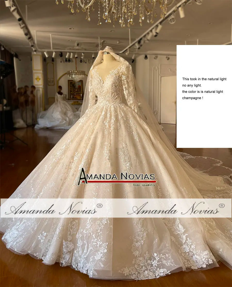 NS4667 Champagne Color Full Lace Wedding Gown With