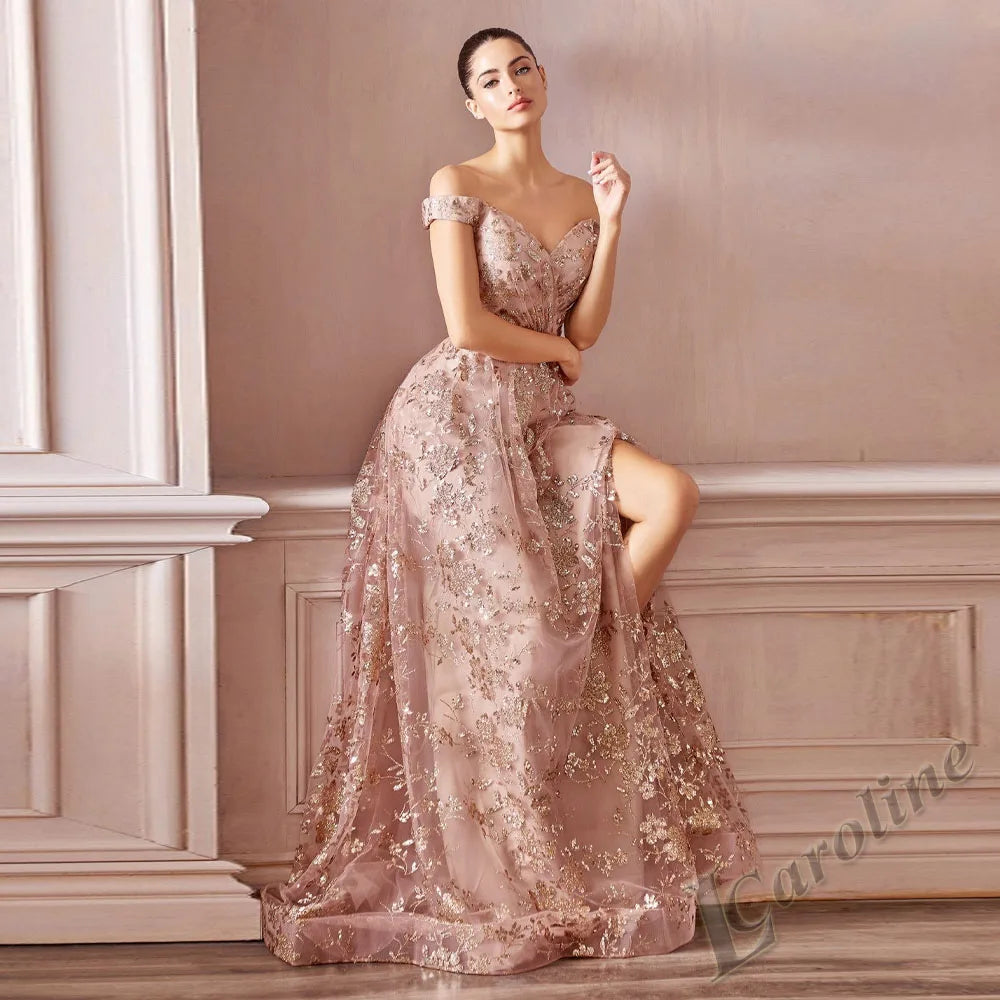 Caroline Elegant Off Shoulder Evening Dress Vneck Glitter