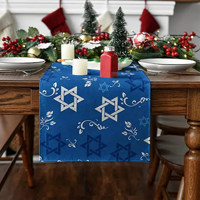 Happy Hanukkah Menorah Table Runner, Seasonal Chanukah Kitchen