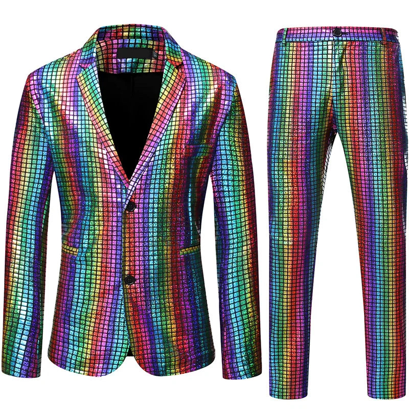 Mens Stage Prom Suits Shiny Rainbow Plaid Sequin