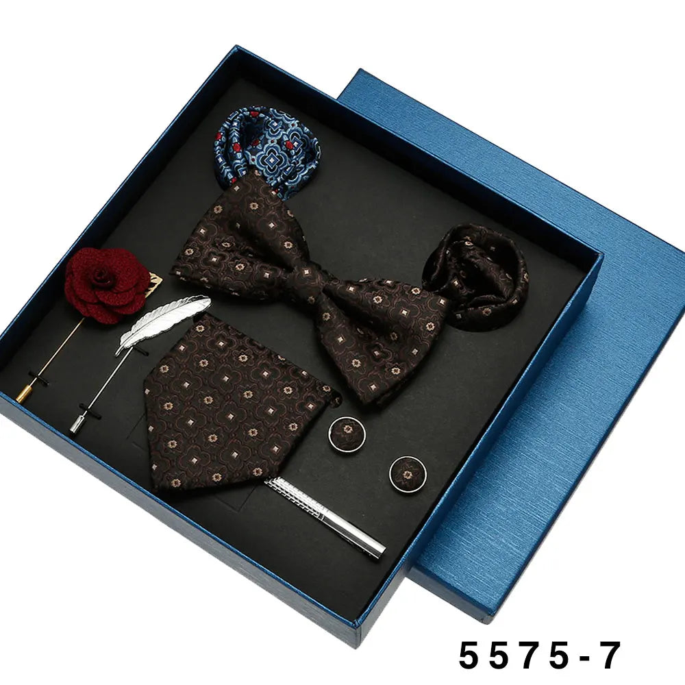 Black Mens Neck Tie Gift Set Bowtie Pocket