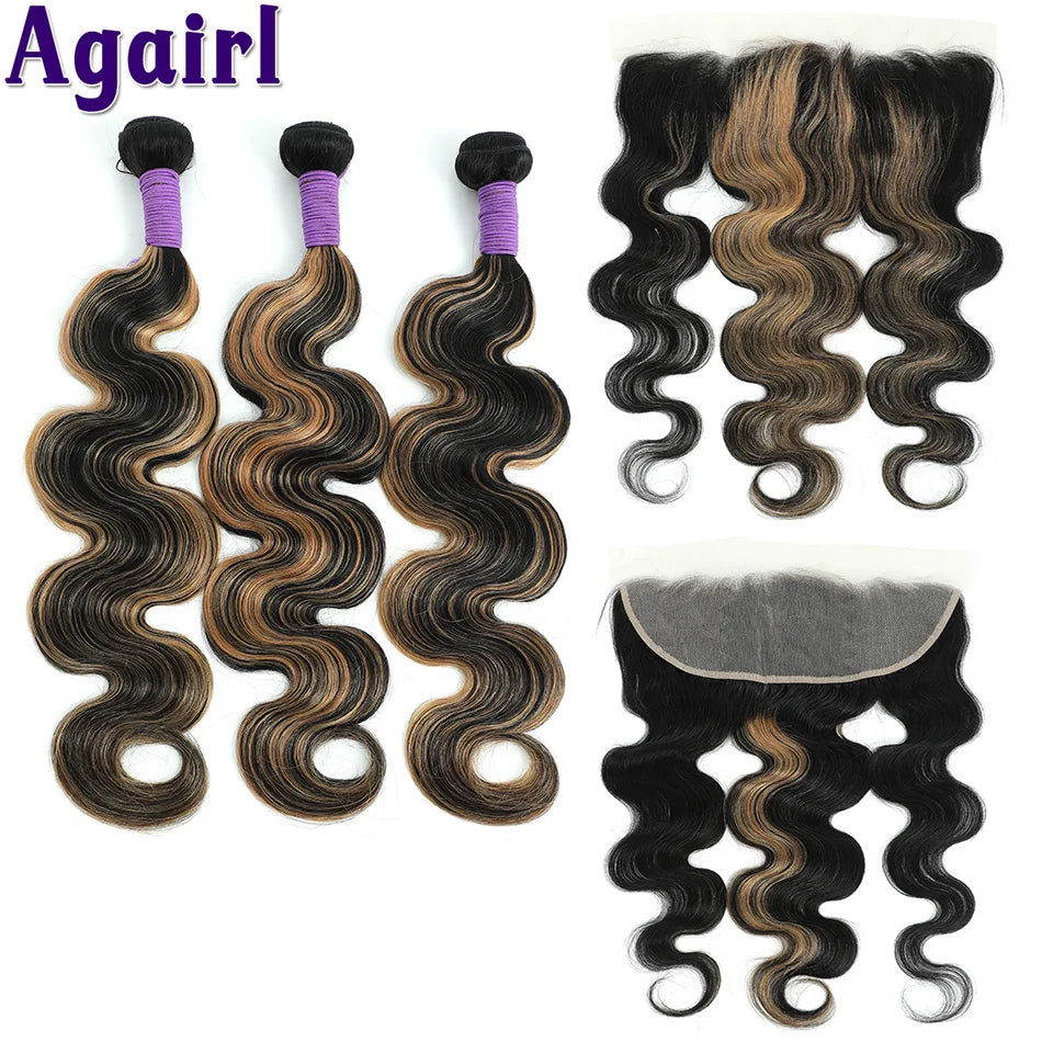 1B27 Highlights Blonde Body Wave Bundles With Frontal