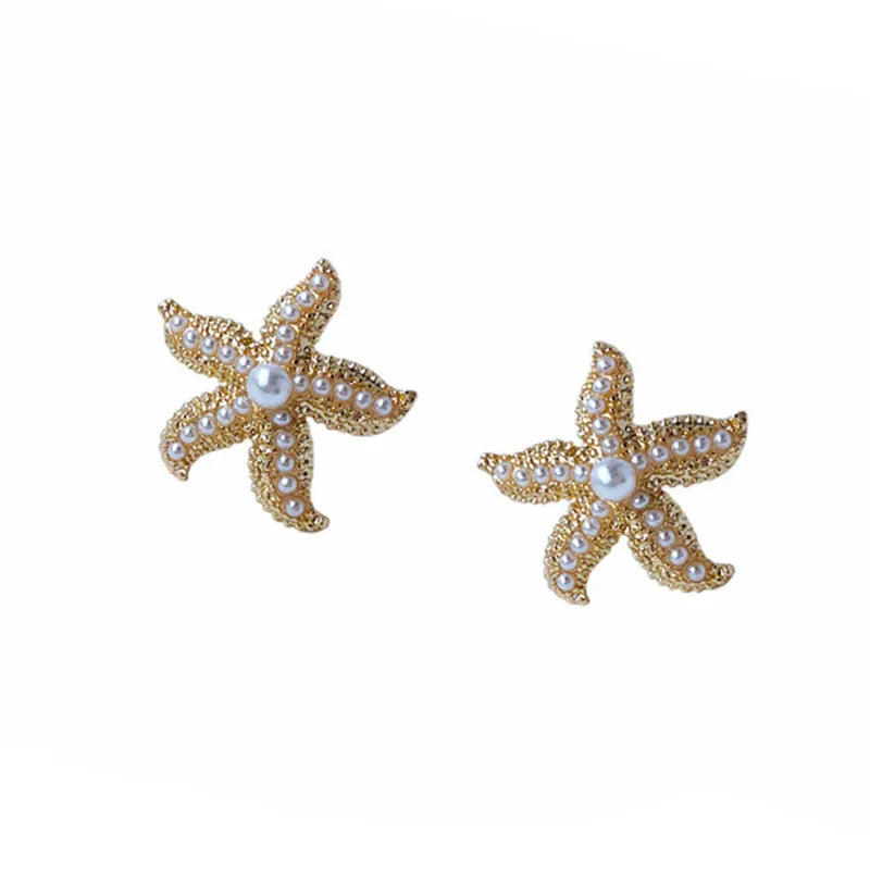 Classic Vintage Pearl Star Metal Starfish Earrings For