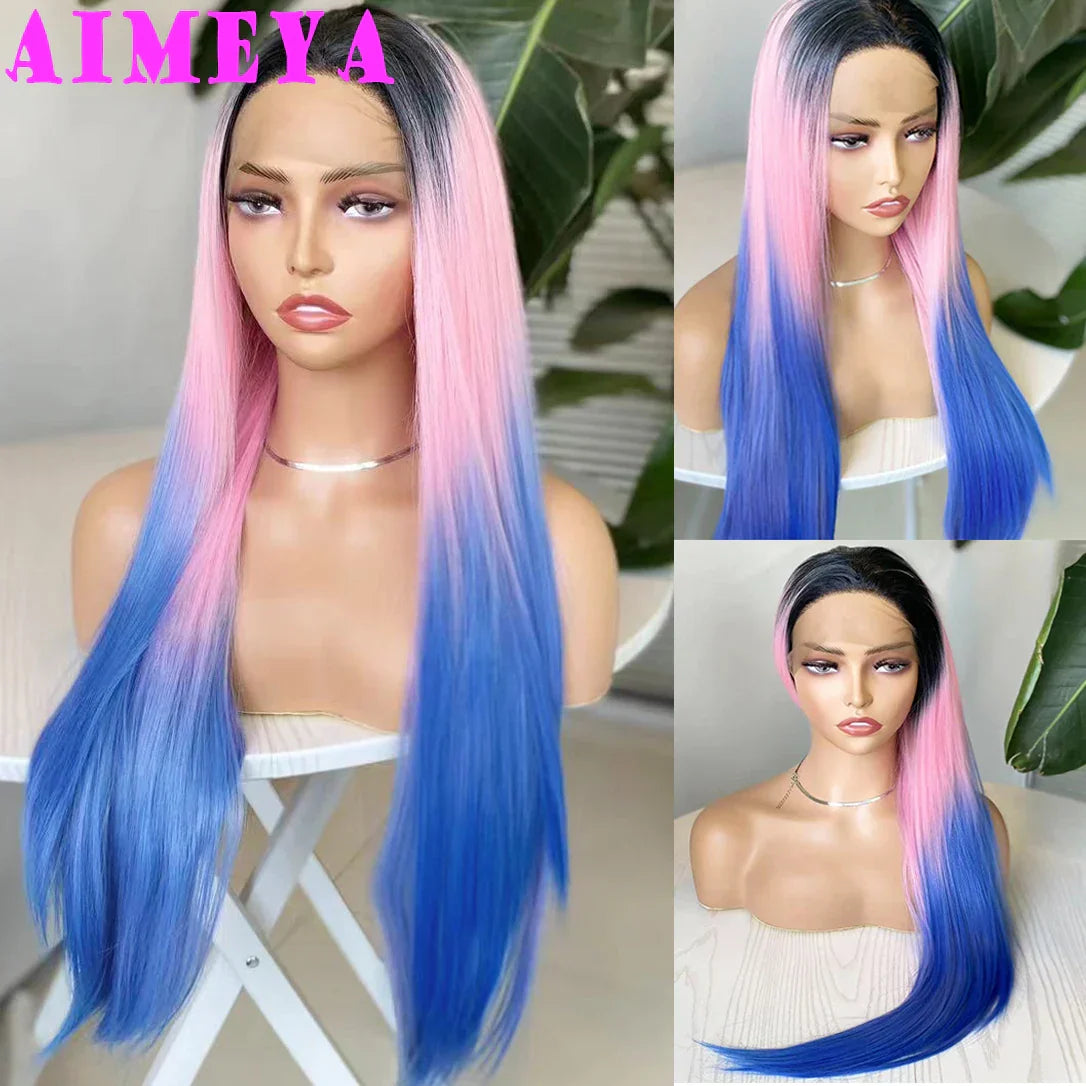 AIMEYA Ombre Blue Synthetic Lace Front Wigs for