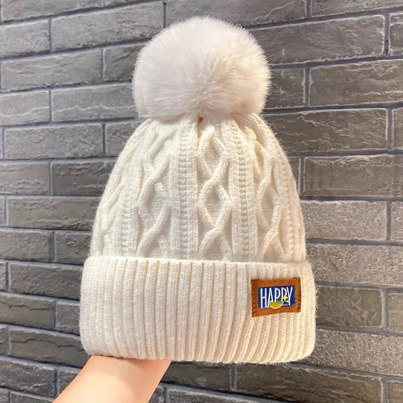 Winter Fur Pom Knitted Beanies Hat Female Plush