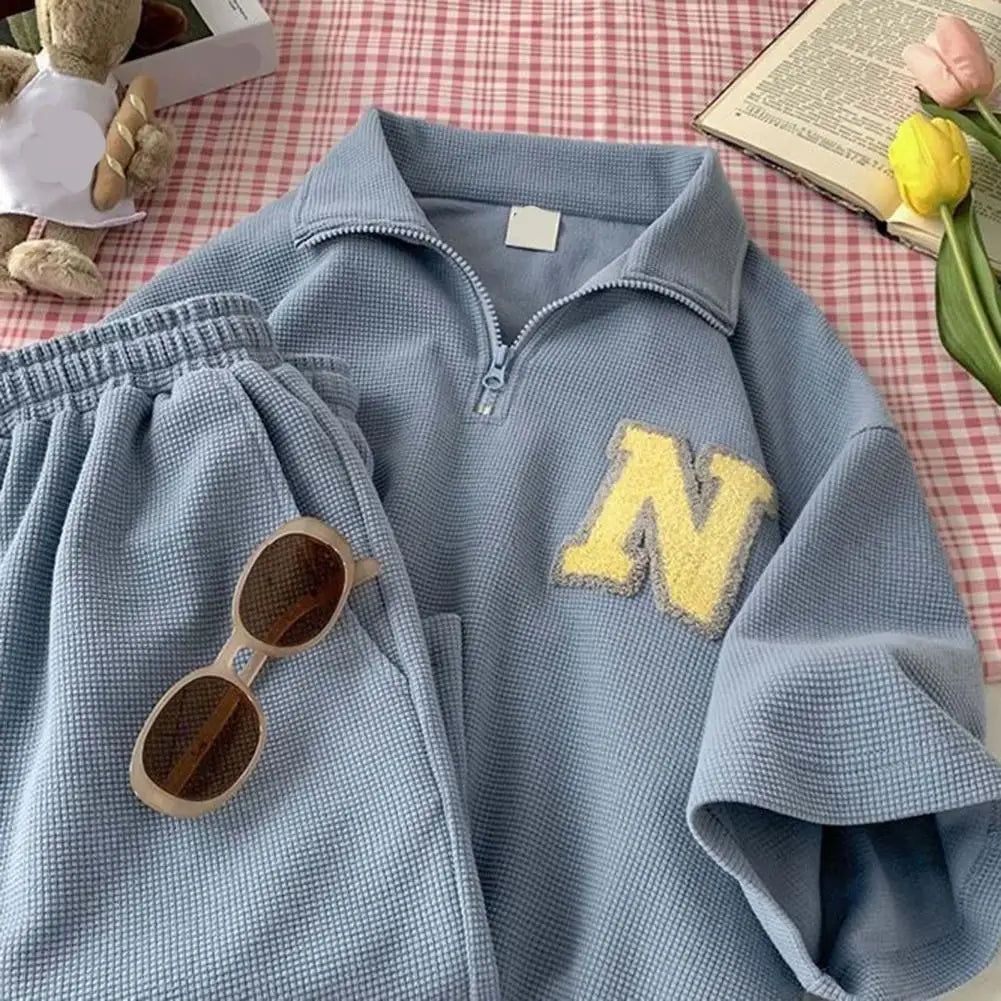 Waffle Handsome Two-piece Set Women Summer HongKong Tops