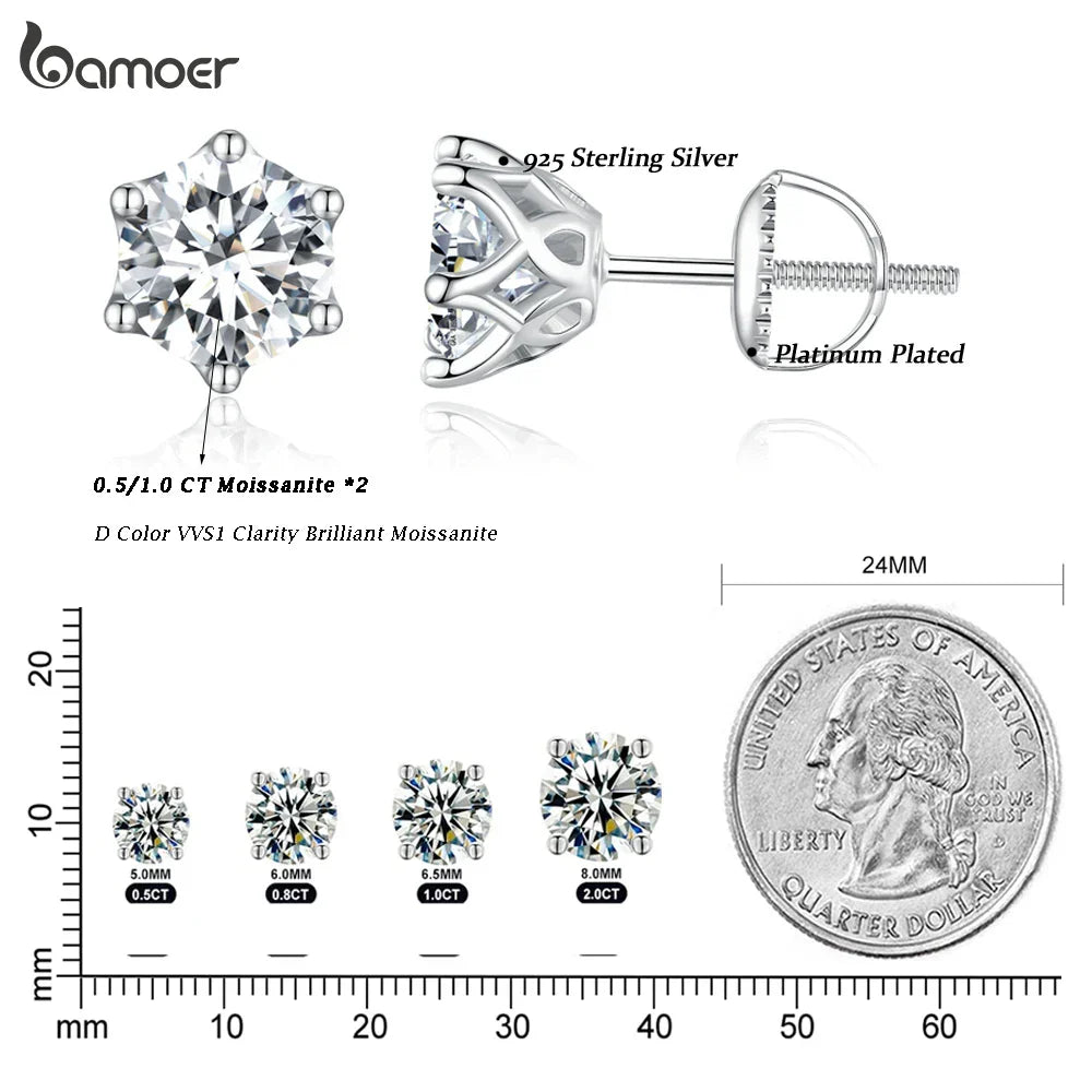 BAMOER Moissanite Stud Earrings, D Color Brilliant Round
