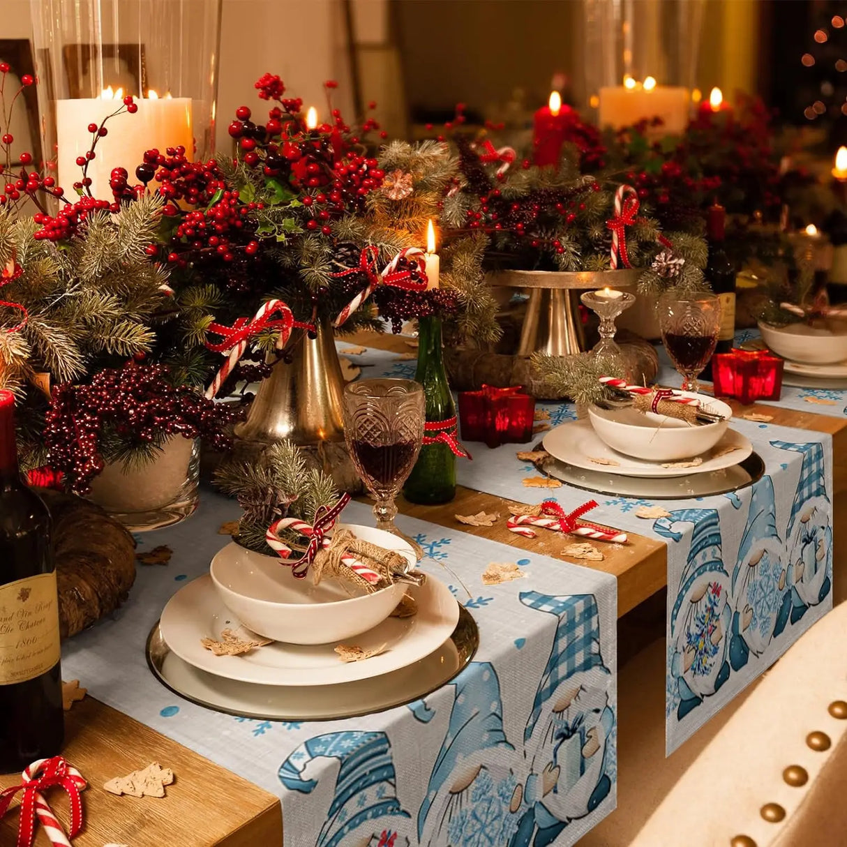 Christmas Blue Gnomes Winter Snowflake Linen Table Runners