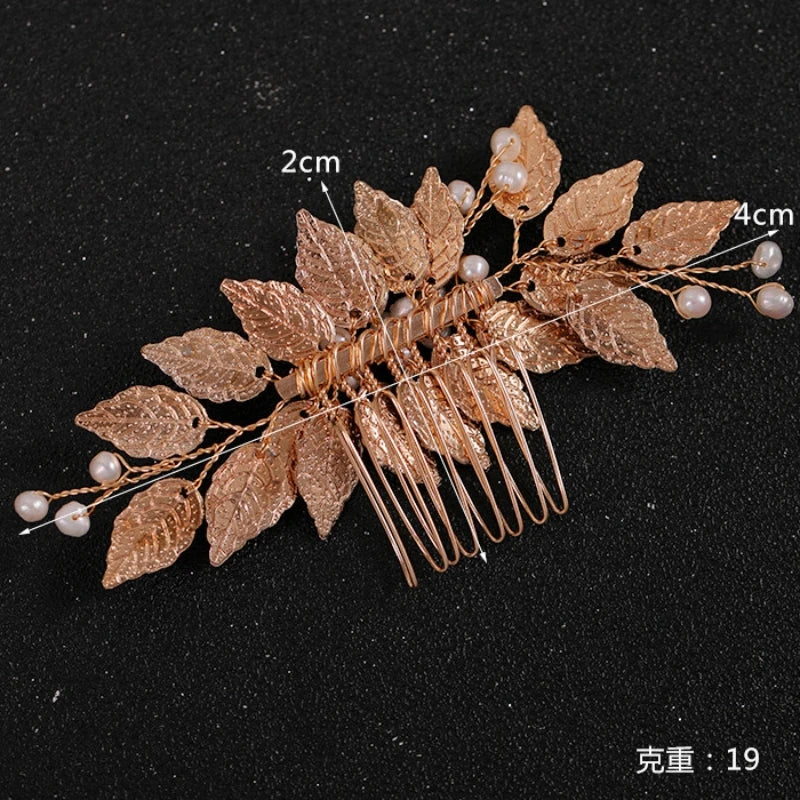 Gold Color Pearl Leaf Hair Comb Clip Hairpin