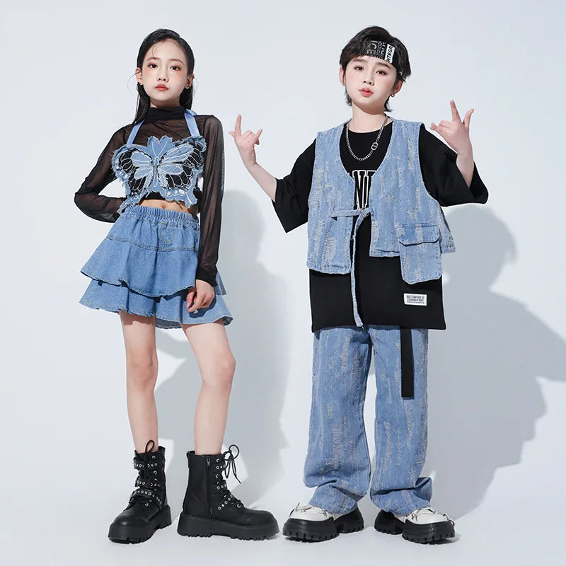 Kids Street Dance Hip Hop Clothing Suit Denim