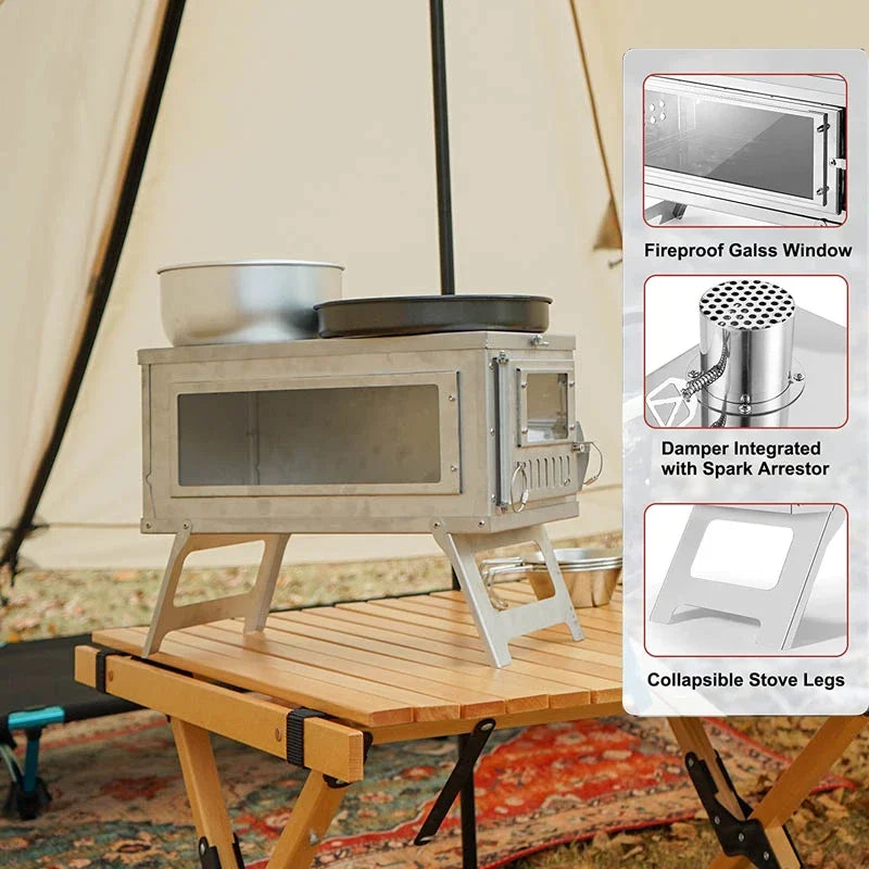 Portable Camping Tent Stove with Glass Window Outdoor