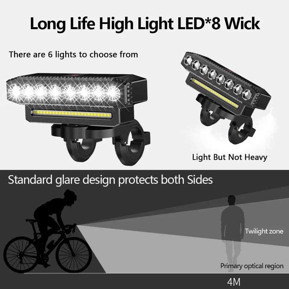 8 LED Bicycle Front Light USB Rechargeable 130dB
