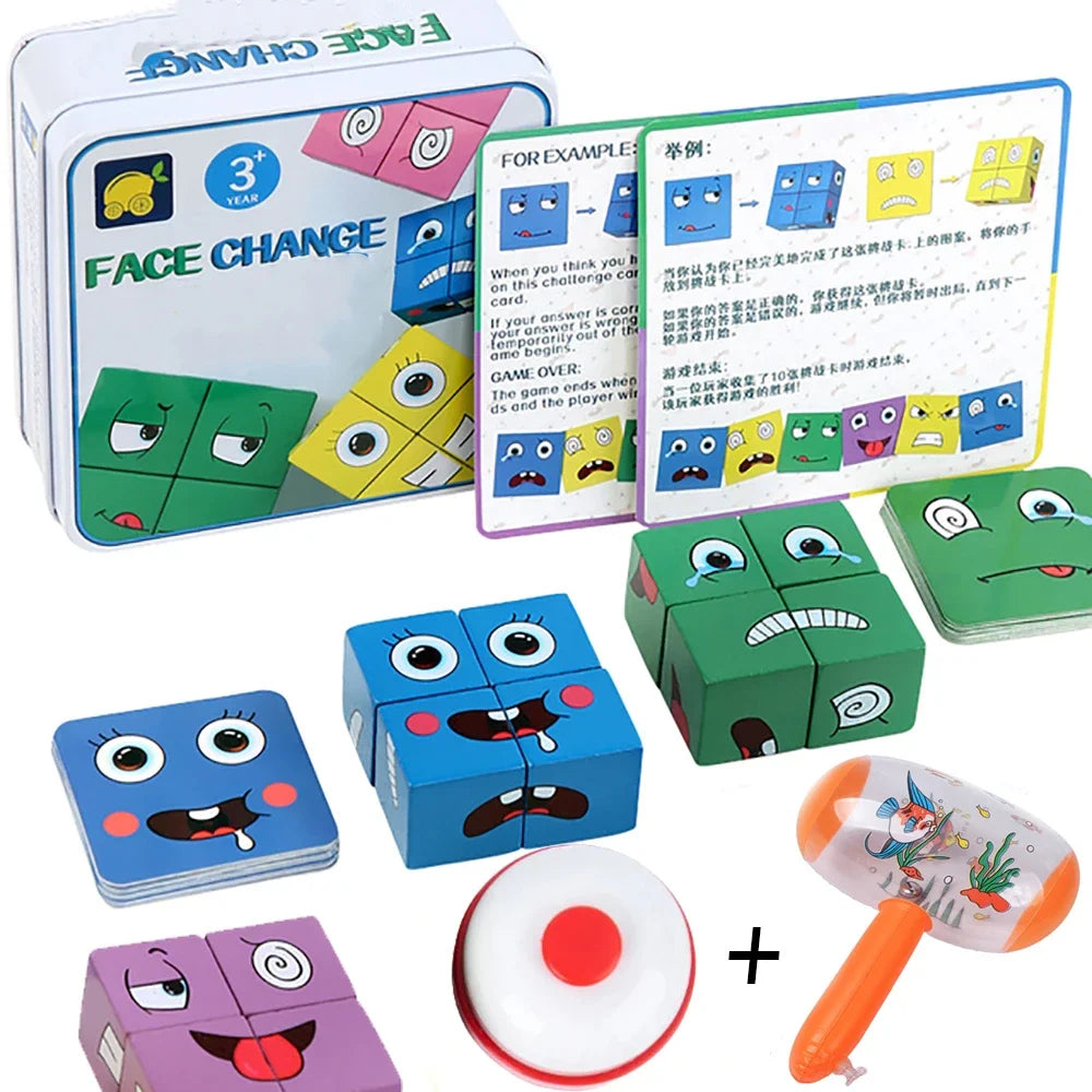 Wooden Face Changing Cube Toys Building Blocks Cartoon