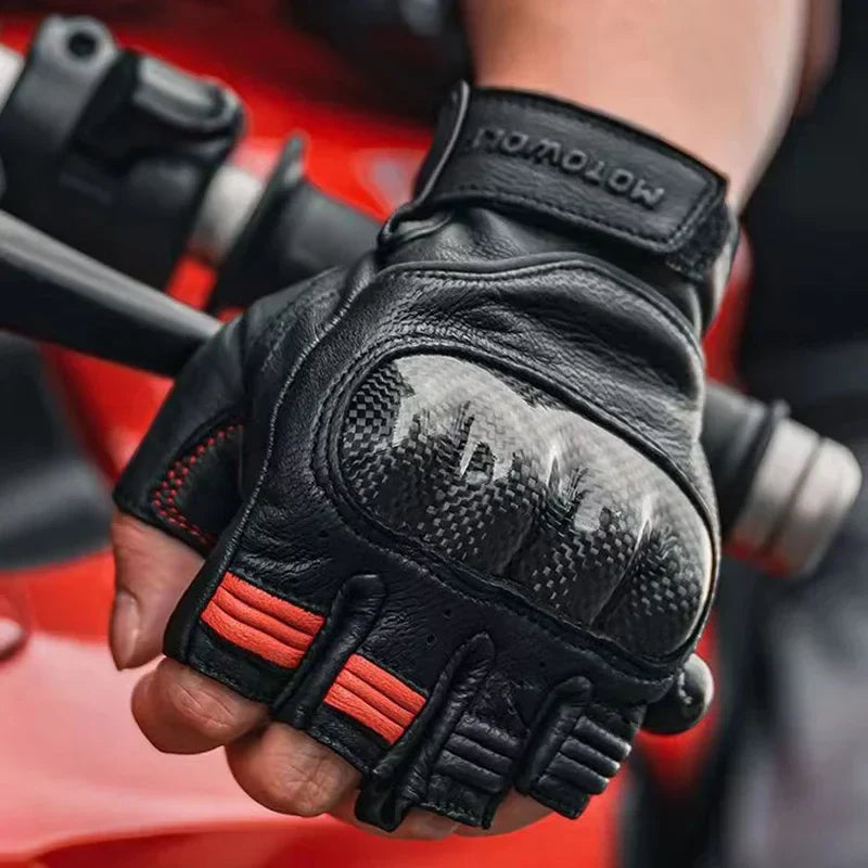 Half Finger Leather Motorcycle Gloves Hard Knuckle Carbon Fibre Protector Riding MTB Racing Riding Leather Gloves for Men Women