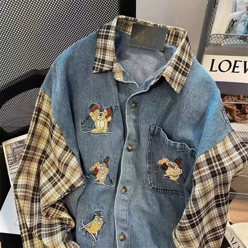 Men's Plaid Stitching Denim Shirt Women's Autumn New