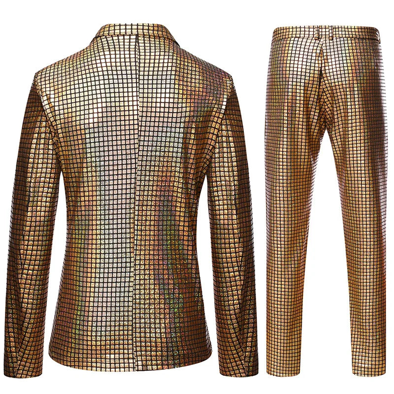 Mens Stage Prom Suits Shiny Rainbow Plaid Sequin