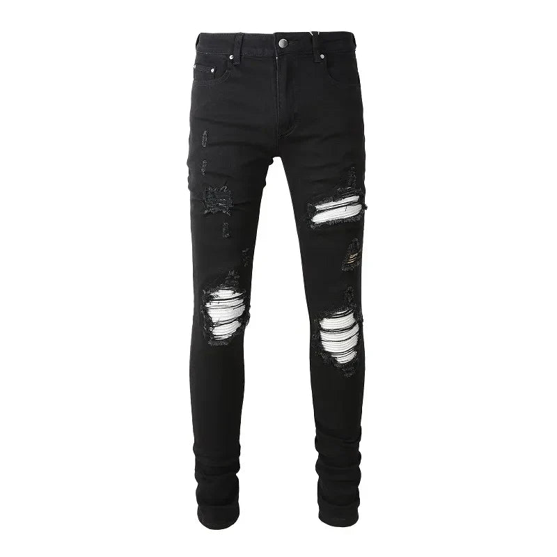 Men Cracked Silver Leather Patch Biker Jeans Streetwear