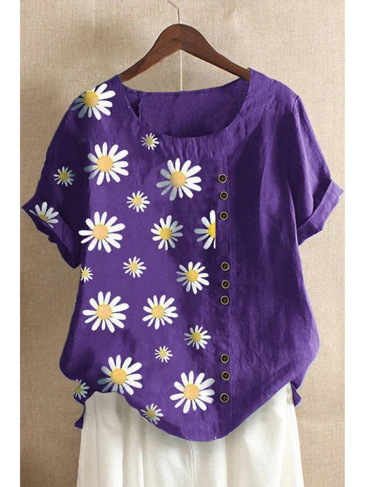 Plus Size DaisyPrint Cotton Linen Shirt Casual Summer