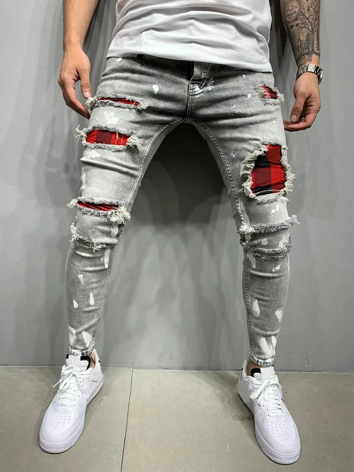 Men Jeans Knee Hole Ripped Stretch Skinny Denim