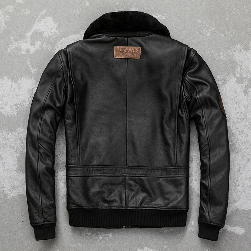 Detachable Natural Fur Collar Genuine Cowhide Men Leather