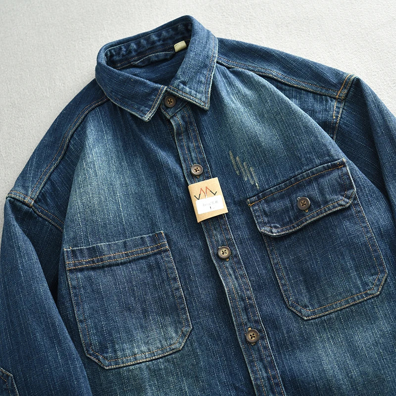 Heavyweight Washed Denim Men's Shirt Retro American Casual