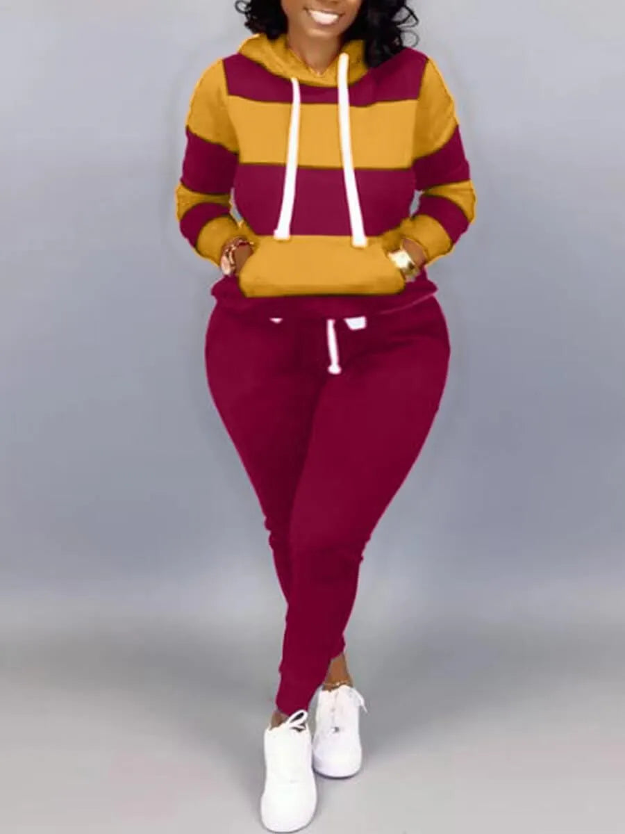 LW Plus Size Striped Drawstring Tracksuit Set Autumn