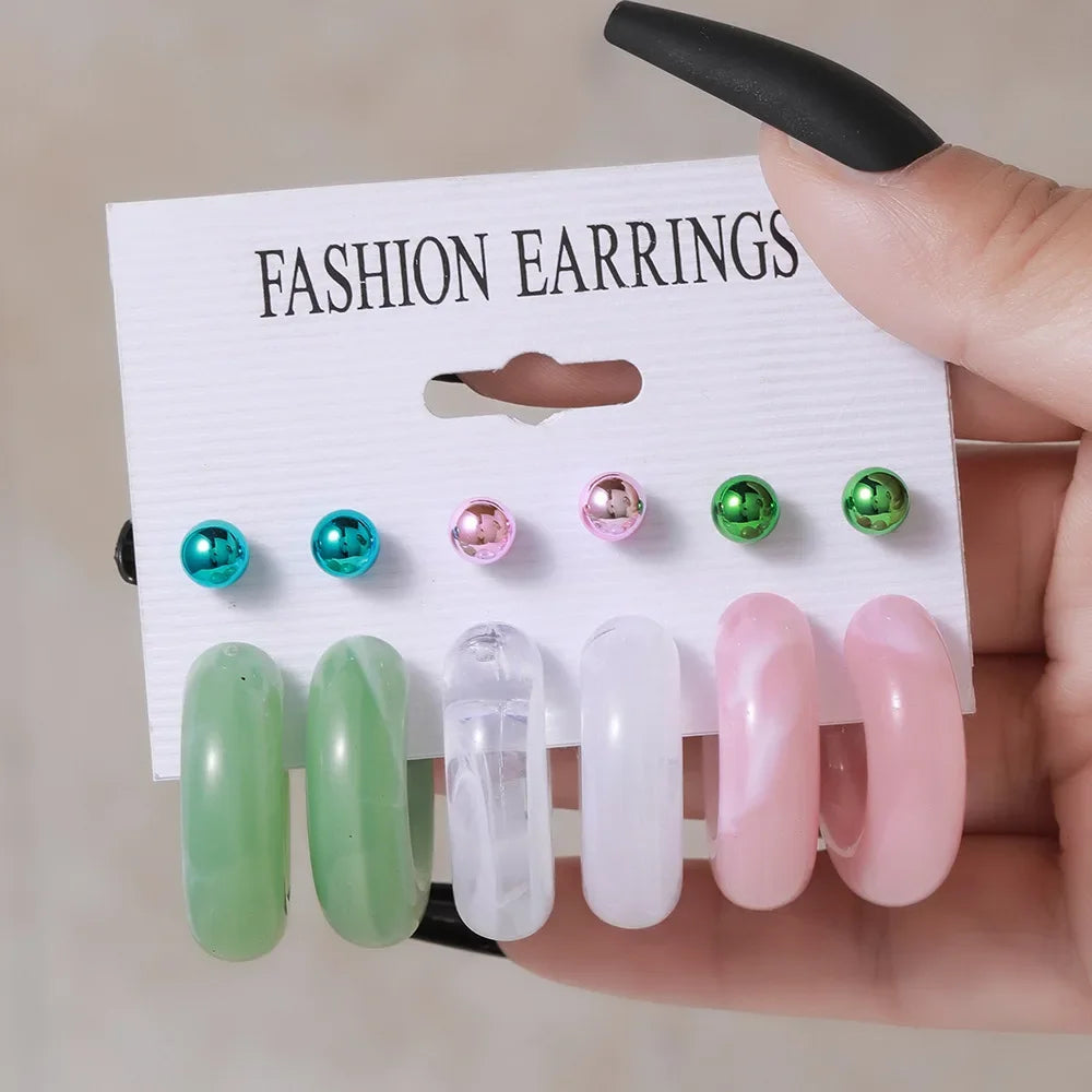 Simple Acrylic C-shaped Cut Earrings 5 Pairs Set