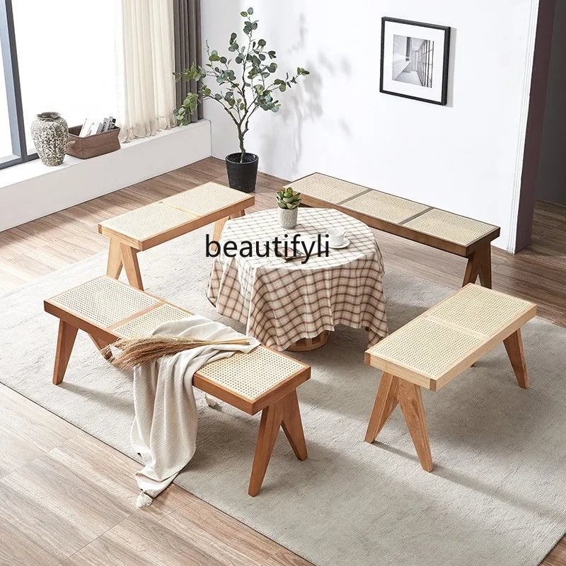 Solid Wood Rattan Home Shoe Changing Stool Modern