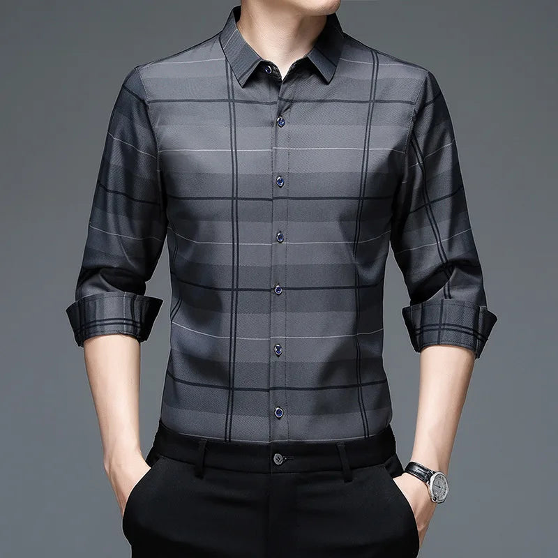 Spring Autumn Plaid Polo Shirt Men's Long Sleeve