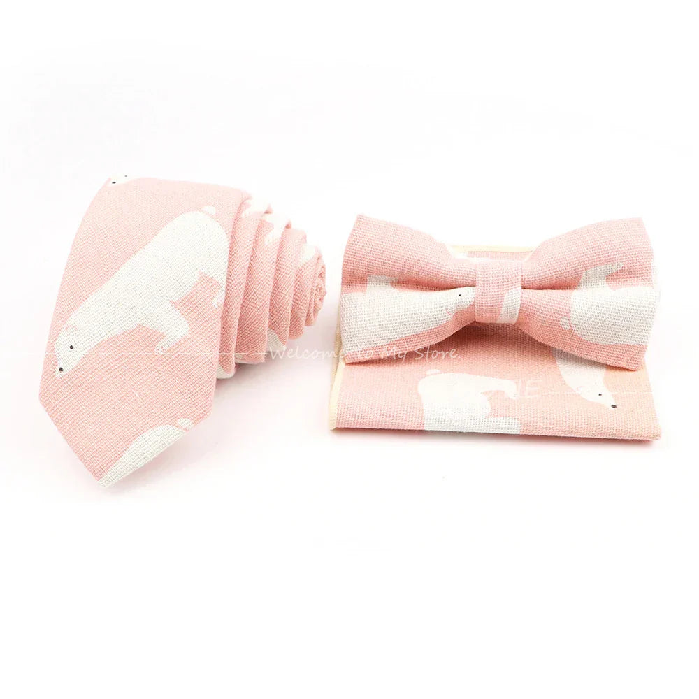 Men Linen Plant Ainmal Ties Set Pocket Handkerchief