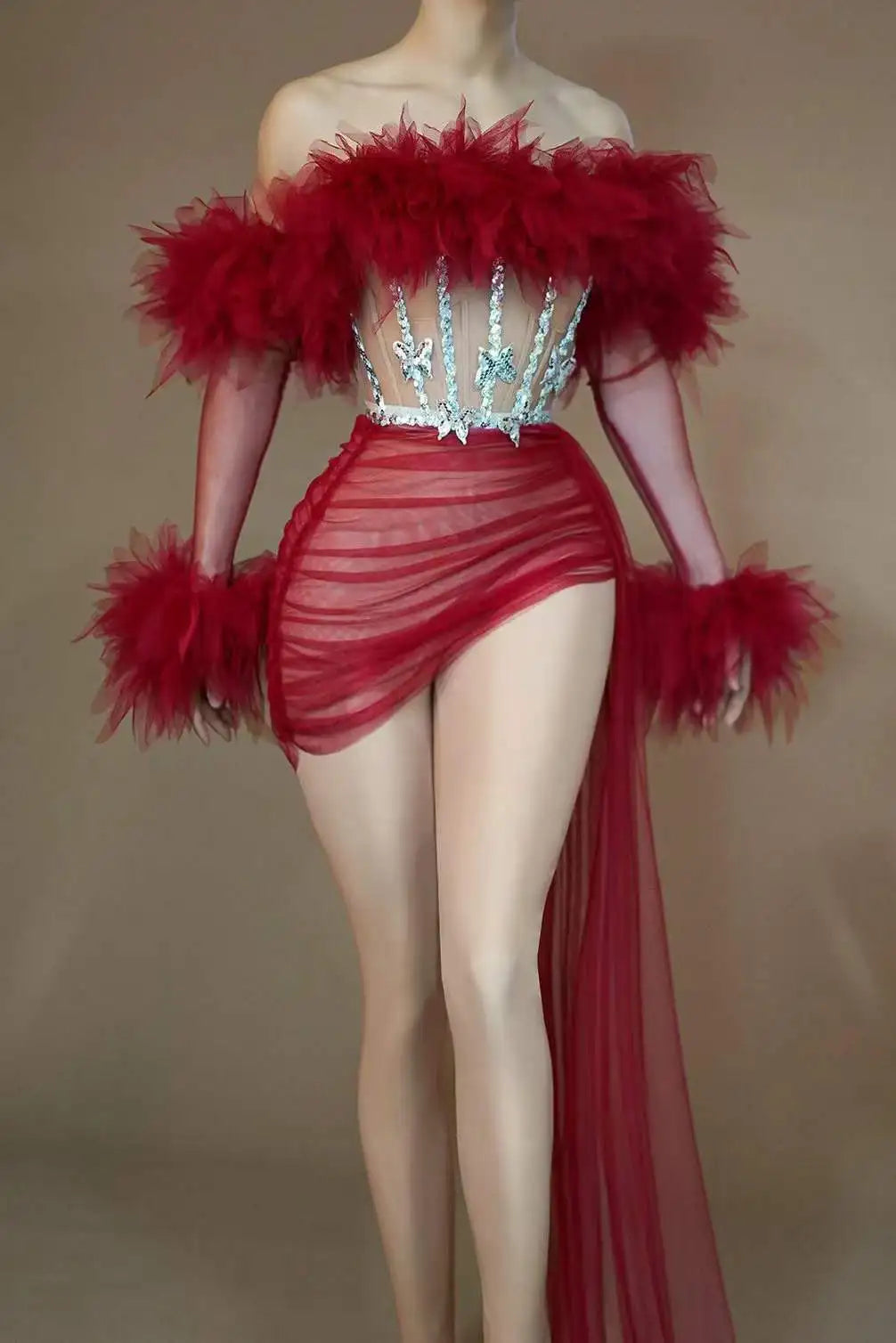 Red Mesh Sequins 2 Pcs Set Dress Cheerleading