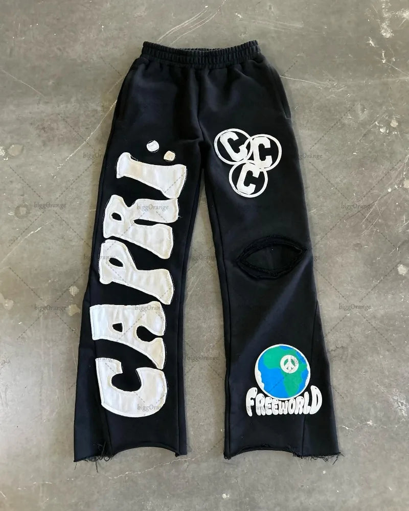 American Street Hip-hop Embroidered Wide-leg Pants Men High