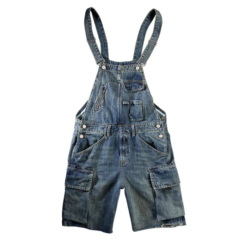 Men Denim Bib Overalls Shorts Summer Multi Pockets