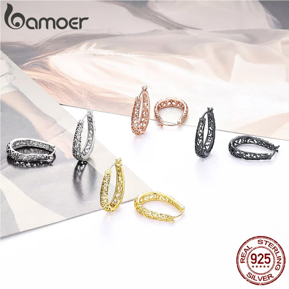 BAMOER 18K Gold Plated Filigree Hoop Earrings 925