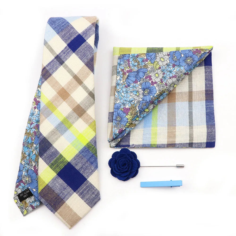 Two Side Floral Plaid Cotton Patchwork Tie Set