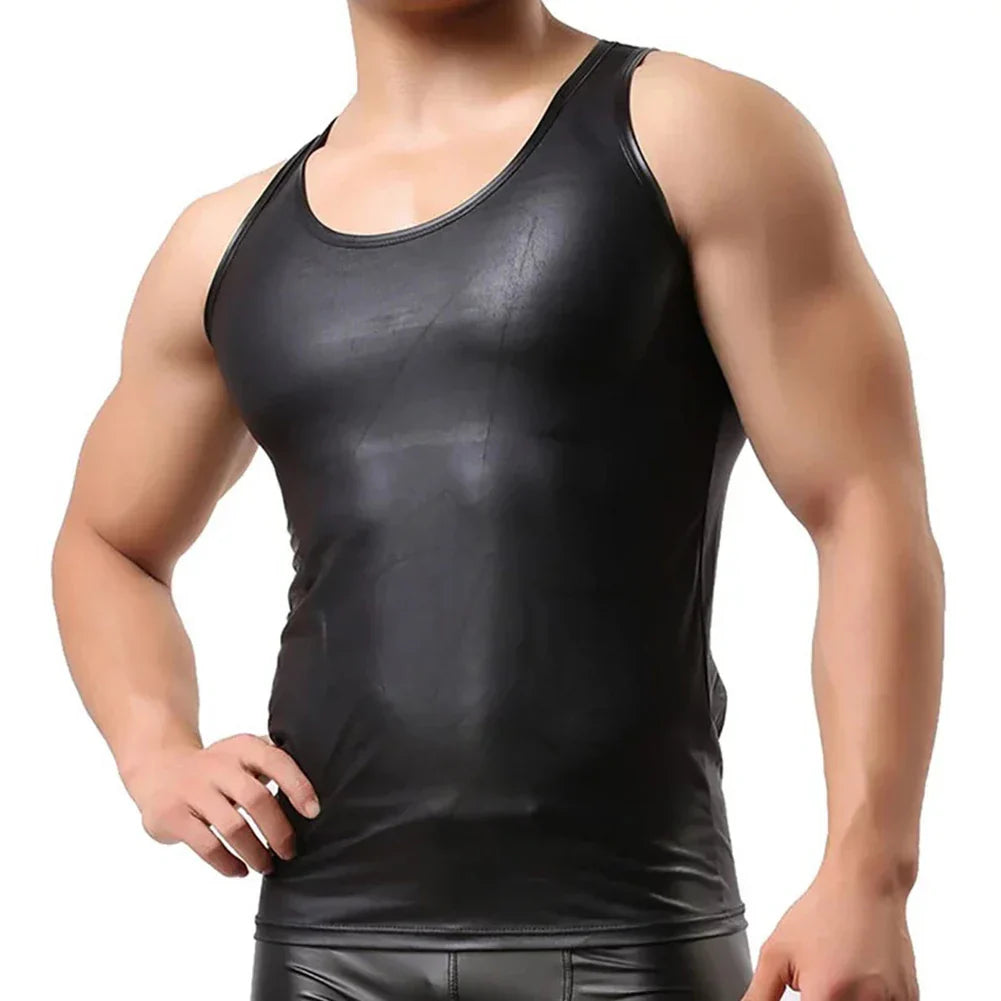 Men Soft Faux Leather Tank Tops Sleeveless Undershirts