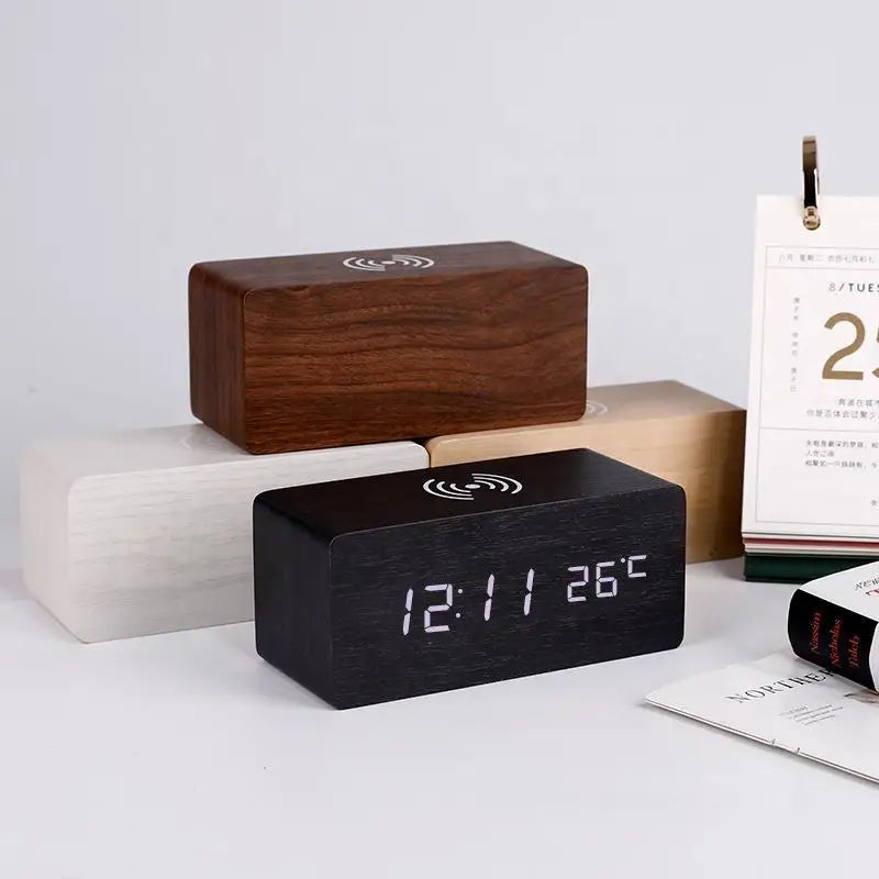 Wooden Digital Alarm Clock with Wireless Charging, LED