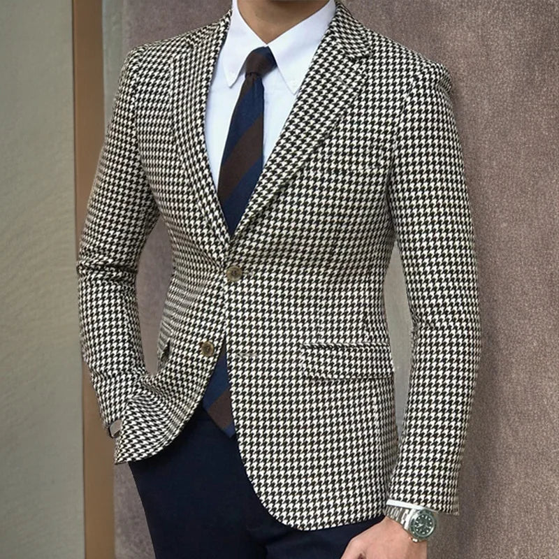 Houndstooth Plaid Blazer for Men One Piece Suit
